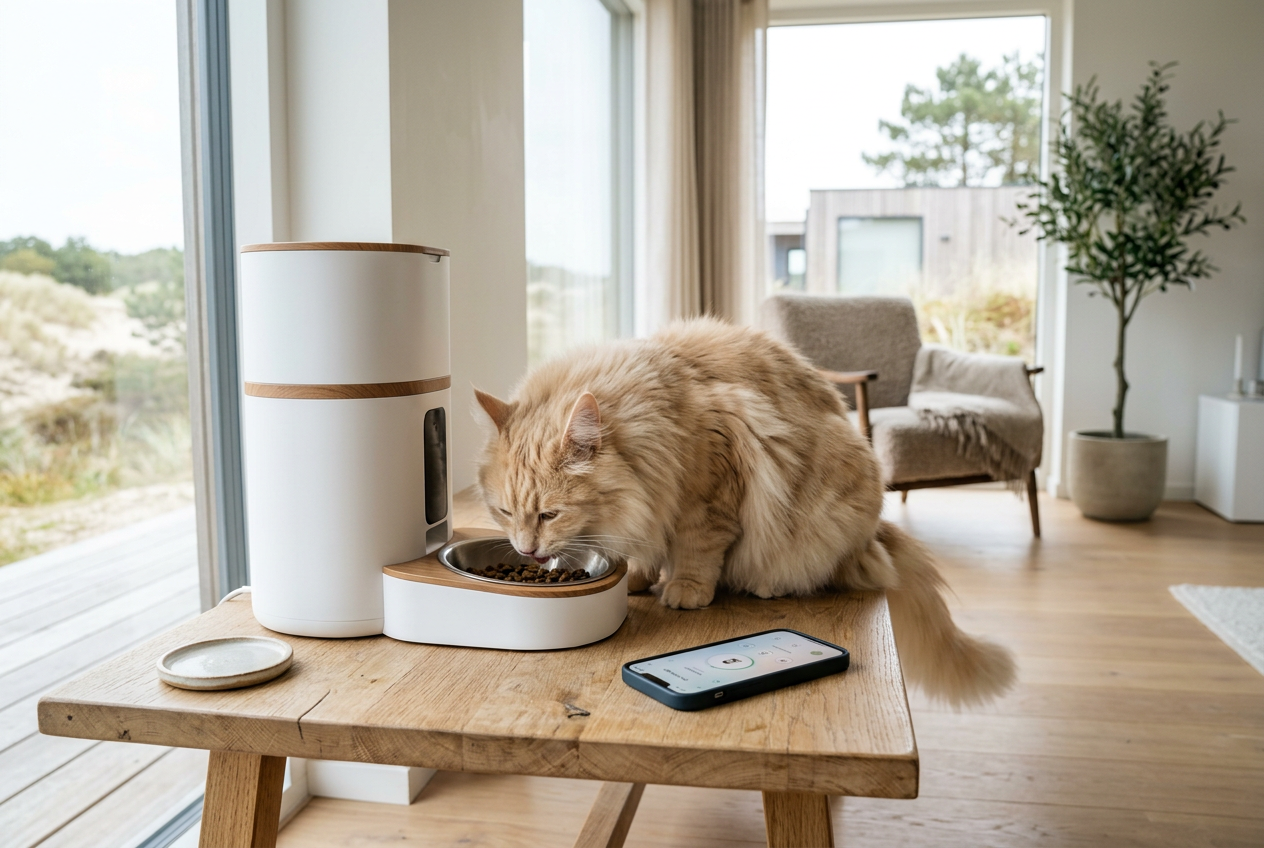 Crème tabby Noorse boskat geniet van maaltijd